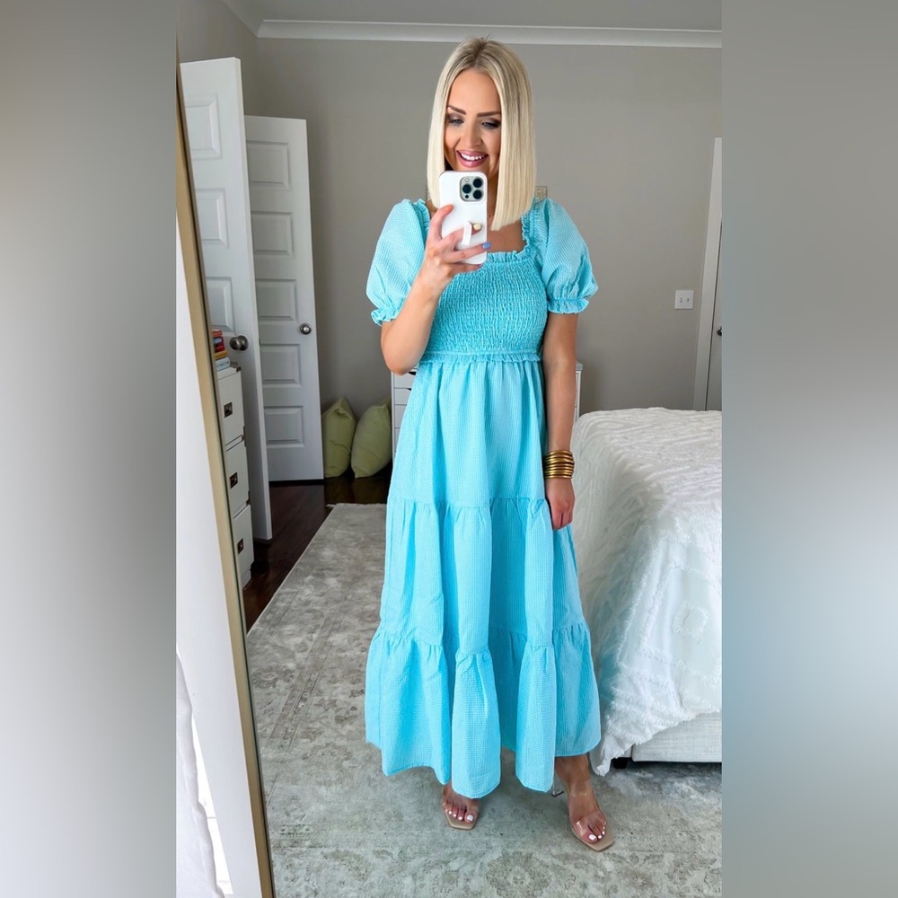 AURA Smocked Gingham Midi Dress Puff Sleeve Blue Cottagecore Summer Size S